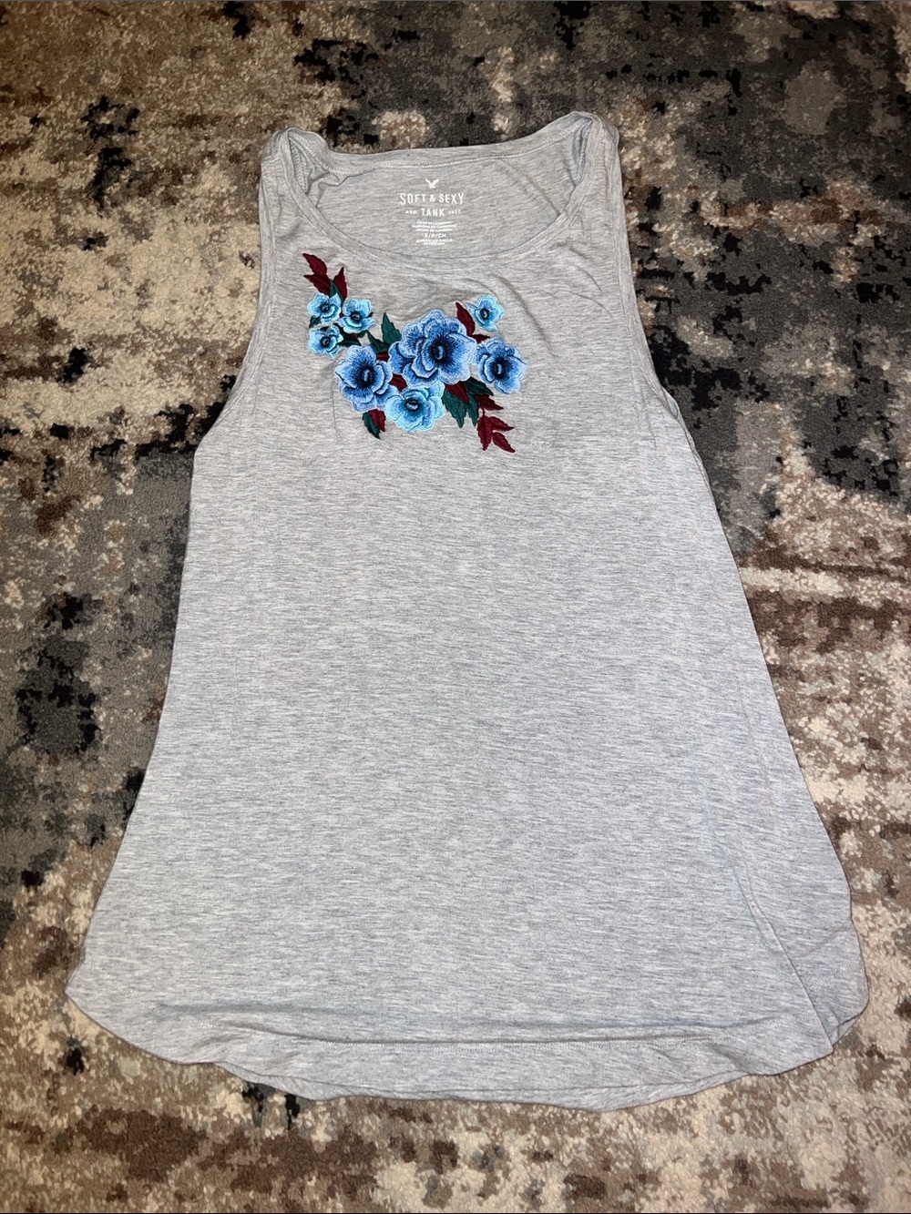 American Eagle Outfitters Gray Tank with Blue Floral Embroidery